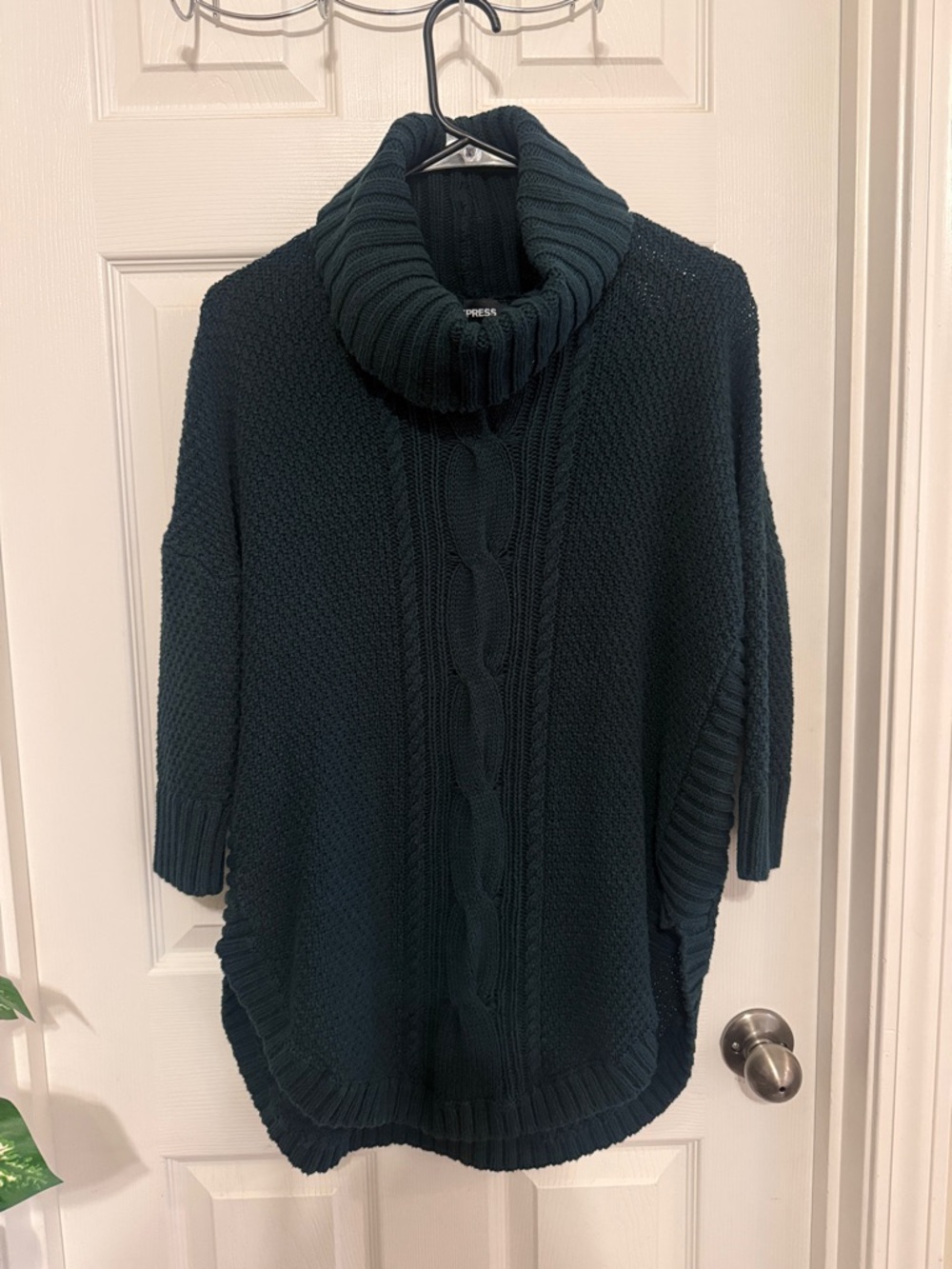 Express Women's Dark Teal Cable Turtleneck Poncho Sweater